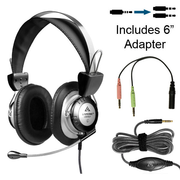 Labsonic LS5750T-12P-6 School Headset - Single Plug with 6&quot; Dual Plug Adapter
